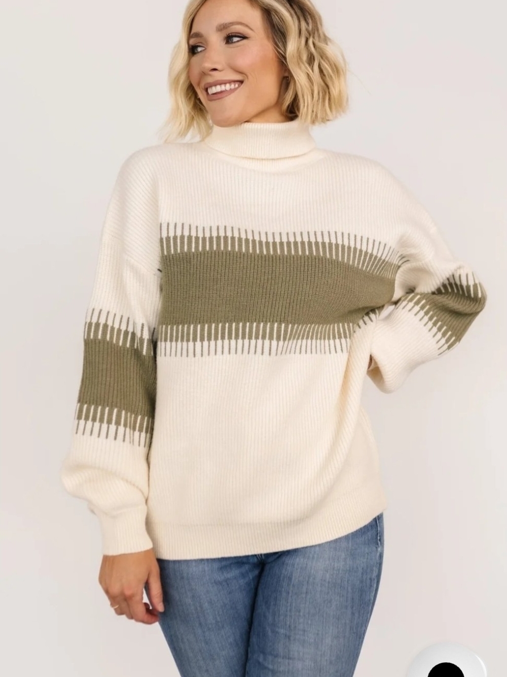 Baltic Born Cream and Olive Ribbed Turtleneck Sweater